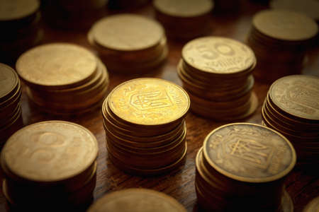 stack of Ukraine  coins on a wooden tableの写真素材