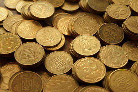 stack of Ukraine  coins on a wooden tableの写真素材