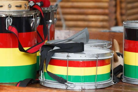 Several colorful drums to accompany the Brazilian martial art capoeiraの写真素材