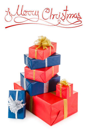 Christmas red and blue gift boxes with Merry Christmas  inscription isolated on white backgroundの写真素材