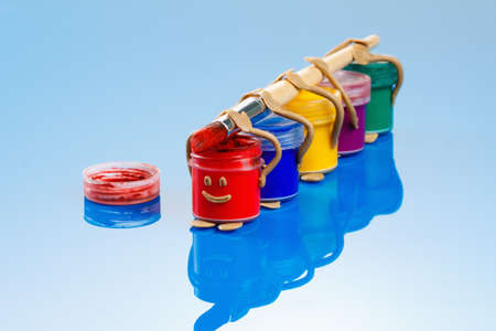 Concept of team work, project execution time till the deadline to successfully complete. Joyful and sad emotions Creative artsの写真素材