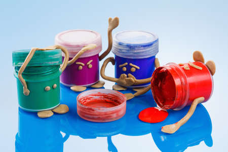 Concept of team work, project execution time till the deadline to successfully complete. Joyful and sad emotions Creative artsの写真素材