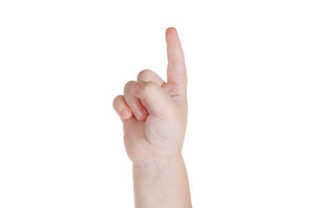 Gesture, a lovely child's hand indicates the direction or making gestures on touch devices. Isolated on white backgroundの写真素材