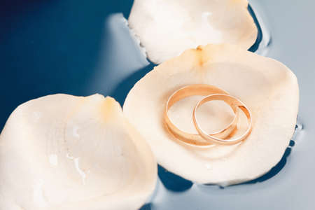 Wedding rings on the rose petals floating in water macroの写真素材