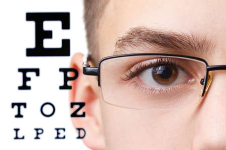 Child an ophthalmologist .Portrait of a boy with glasses.  Eye exams. Check Table view. Macro studio...
