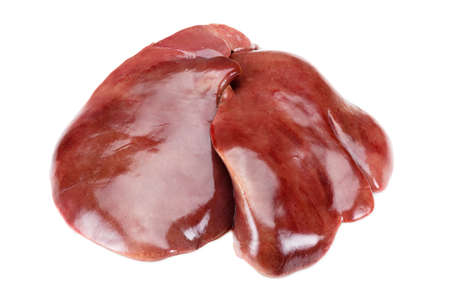 Fresh raw turkey liver. Isolated on white. Cooking food.の写真素材