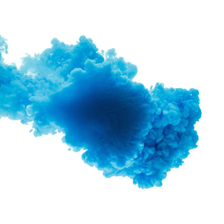 Color drop in water, photographed in motion. Ink swirling in water. Cloud of ink in water isolated on white background. Colorful ink in water, ink drop.の写真素材