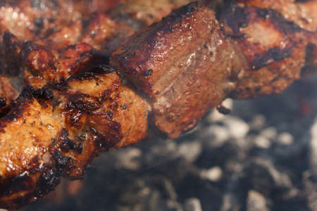Cooking meat is fried on campfires, food on a picnic