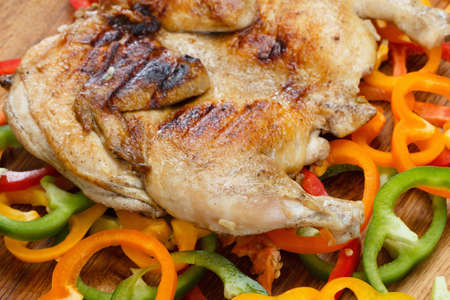 Fried crusted grilled chicken on a colorful background of bell pepperの写真素材