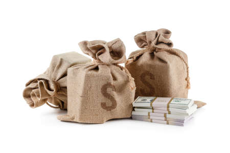 Money in bag isolated on white backgroundの写真素材