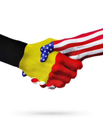 Flags of United States and Belgium countries, handshake cooperation, partnership and friendship or sports competition isolated on whiteの写真素材