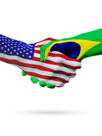 United States and Brazil, countries flags, handshake concept cooperation, partnership, friendship, business deal or sports competition isolated on whiteの写真素材