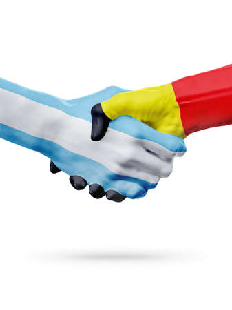 Flags Argentina, Belgium countries, handshake cooperation, partnership, friendship or national sports team competition concept, isolated on whiteの写真素材