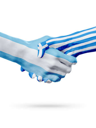 Flags Argentina, Greece countries, handshake cooperation, partnership, friendship or national sports team competition concept, isolated on whiteの写真素材