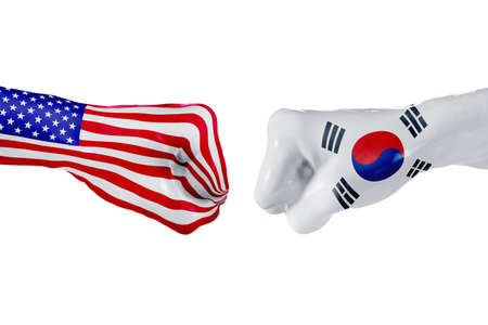USA and South Korea country flag. Concept fight, war, business competition, conflict or sporting events, isolated on whiteの写真素材
