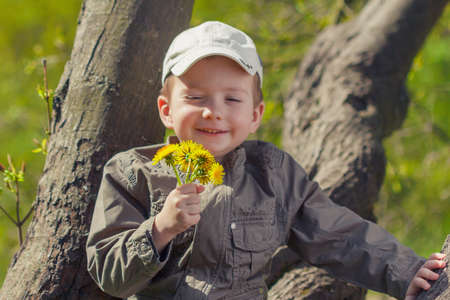 Child with daisy and dandelion flowers on sunny summer day. Kid playing in garden. Little boy dreaming and relaxing.の写真素材