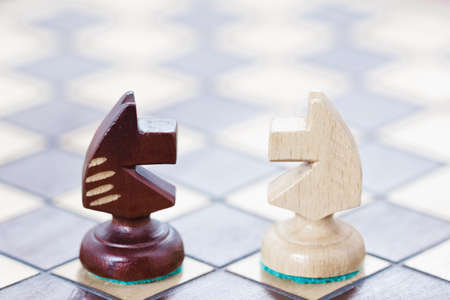 The business concept of fighting, confrontation of ideas. Chessboard and the figures of the rivals' horses.の写真素材