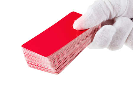 Playing cards game poker, hand with glove isolated on white background. Casino games collectionの写真素材