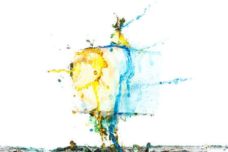 Color paint splash background, liquid blue ink abstract isolated. Smoke abstract template design. Ink swirling drop in water isolated on white background.の写真素材