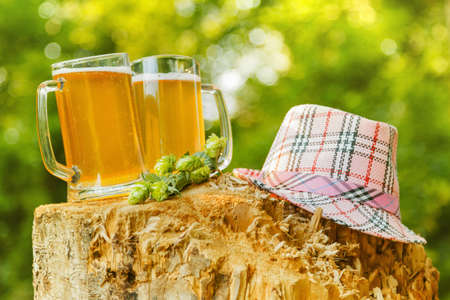 Mugs with beer hops octoberfest picnic on natural background with hat.の写真素材