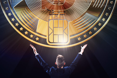 Businessman with block chain bit crypto currency coin business E-commerce banking mining concept...