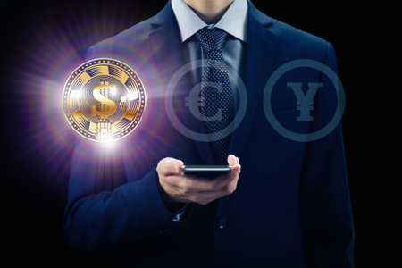 Cryptocurrency on virtual screen. Business, Finance and technology concept. Bit coin, Ethereum block chain. Businessman with phone for on-line banking and e-commerce.の写真素材