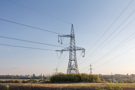 Power line technology voltage electrecity pylon landscape.