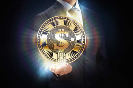 Cryptocurrency coin business mining bit concept design, block chain in hand. Crypto currency financial banking.の写真素材