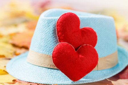Valentines day background abstract symbol. Two heart in leaves. Concept of love with hat hipster