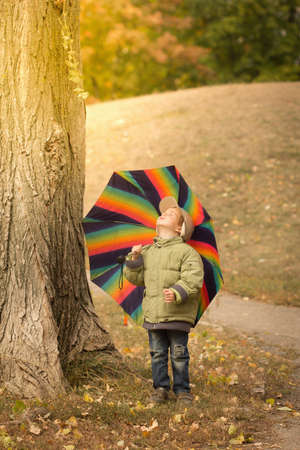 Playful little child boy hiding behind colorful umbrella outdoorsの写真素材