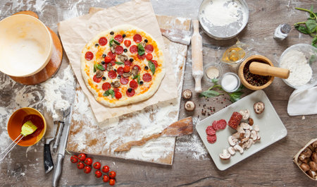 Top overhead view cooking pizza with ingredients, tomatoes, salami, flour, dough basil, spices, mozzarella and mushrooms on wooden tabletopの写真素材