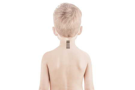 Child with code from the laboratory of genetic research and experiments. Clone of DNA and human genome.の写真素材