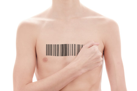 Young man with a bar code of genetic researches. Clone of DNA and human genome. Artificial...
