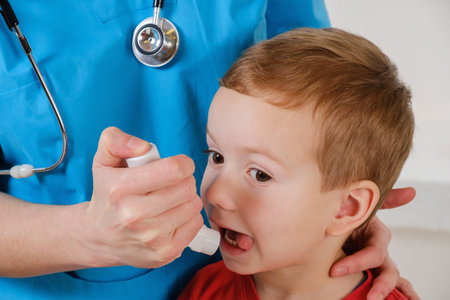 Respiratory system illness concept, sad child with inhaler close up