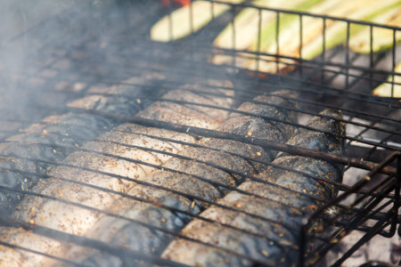 Mackerel fish roast on grill barbecue with vegetables, bonfire coals with fire, flat lay, top view closeupの写真素材