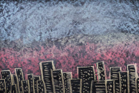 Night city skyline drawn on a blackboard. Sketch of a modern cityの写真素材