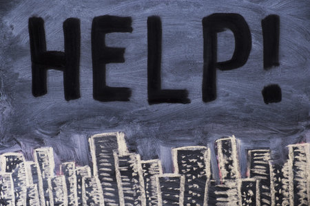 Smog over city on chalkboard, drawn on blackboard with text HELP. Concept Pollution of the...