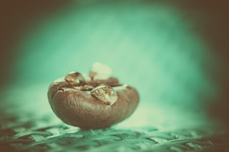 shiny fresh roasted coffee macro beans on woven background close up