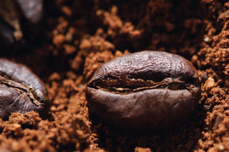 Electric coffee grinder with roasted coffee beans inside and coffee grains close-up view of the topの写真素材