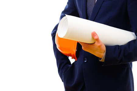 Concept, businessman builder with project drawing and construction helmet, isolated on white backgroundの写真素材