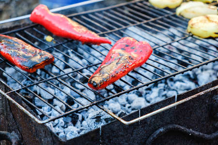 Grilled vegetables in a herb marinade on a grill pan, outdoorの写真素材