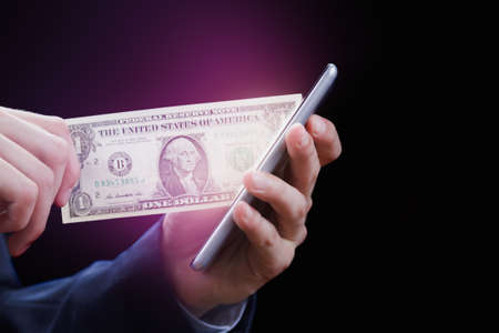 Concept online payment, donation, network, cash and cryptocurrency. E-banking and E-Commerce. Win prize in lottery, on-line casino. Finance, business currency exchange.の写真素材