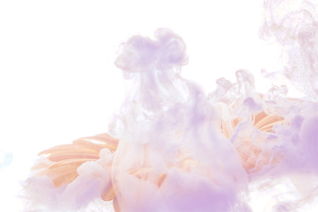bright gerbera, daisy violet flower with splashes isolated on white background underwater ink...