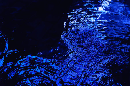 A puddle on a rainy night in the city with reflections of lanterns and advertising sign. Close up view from the level of the dividing line, image in the blue tonesの写真素材