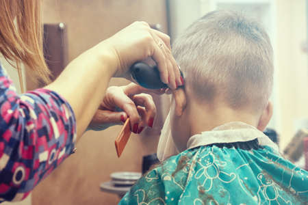 Cute Little caucasian child Boy Having Hair Cut hairdresser in the hairdresser's salon haircutの写真素材