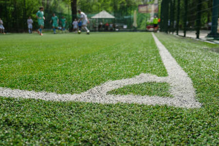 White stripe on green soccer field from side view. Artificial turf of football fieldの写真素材