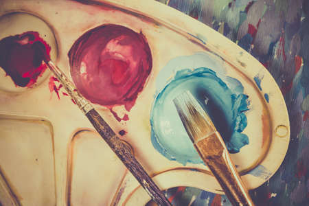 Art color palette, watercolors, brushes and backgroundの写真素材