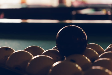 Playing billiard. Billiards balls green billiards table. Billiard sport concept. Pool billiard game.