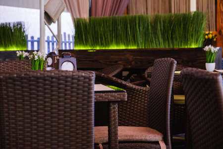 beautiful european restaurant cafe interior, table and chairsの写真素材