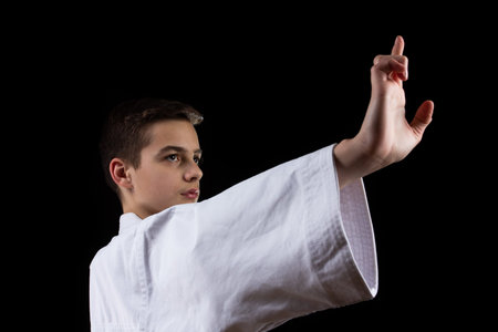 Karate martial sport with young boy in kimono and belt,  black background,   arts.
